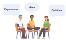 Video thumbmail showing a catroon represenation of 3 seated people with thought bubbles.
